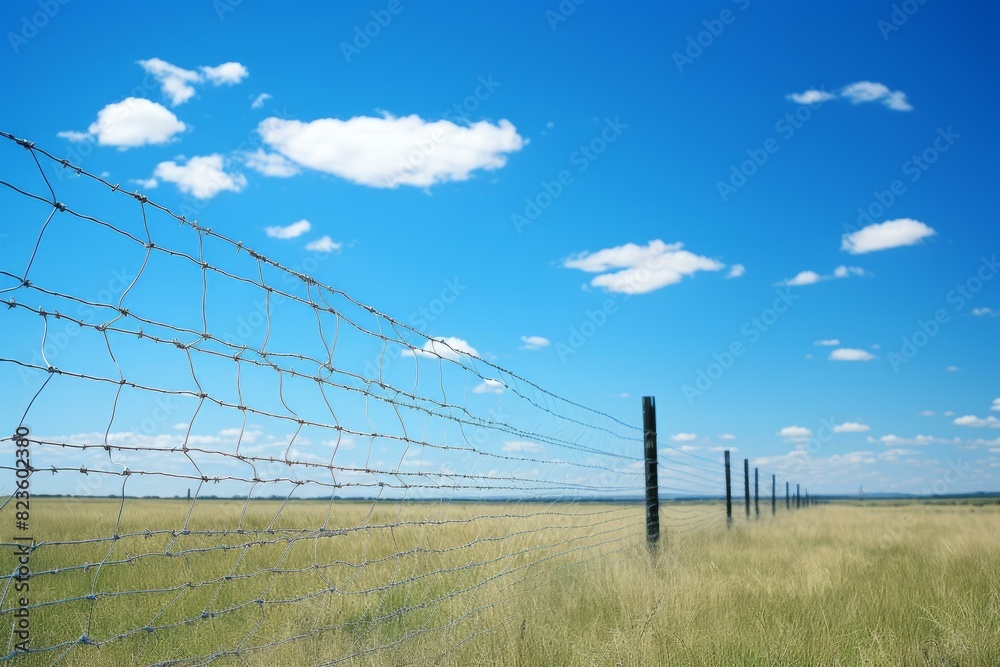 Fototapeta premium Barbed wire fence stretches across a serene pastoral field with clear skies