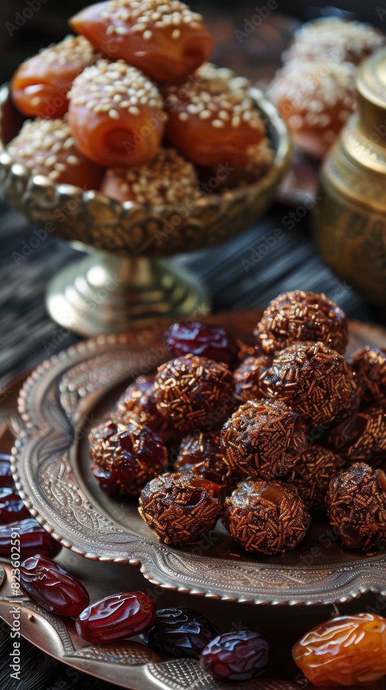 Eid Sweets and Dates Close-Up., Eid feast, Islamic celebration, Family feast. Eid Sweets and Dates Close-Up., Eid feast, Islamic celebration, Family feast.