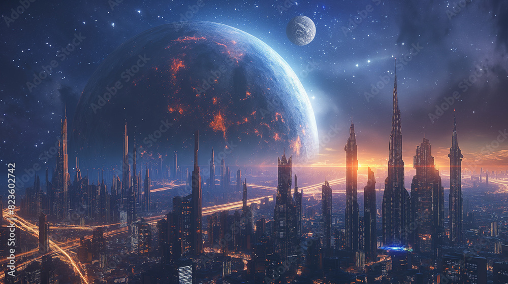 Galactic Cities - Futuristic cities set in space with visible galaxies and nebulae.