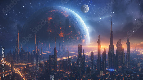 Galactic Cities - Futuristic cities set in space with visible galaxies and nebulae. © Wasin Arsasoi