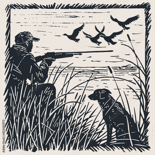 Hunter with a hunting dog in the reeds, vector illustration