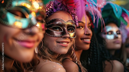 a group of young people, woman at a carnival party with masks © Sattawat