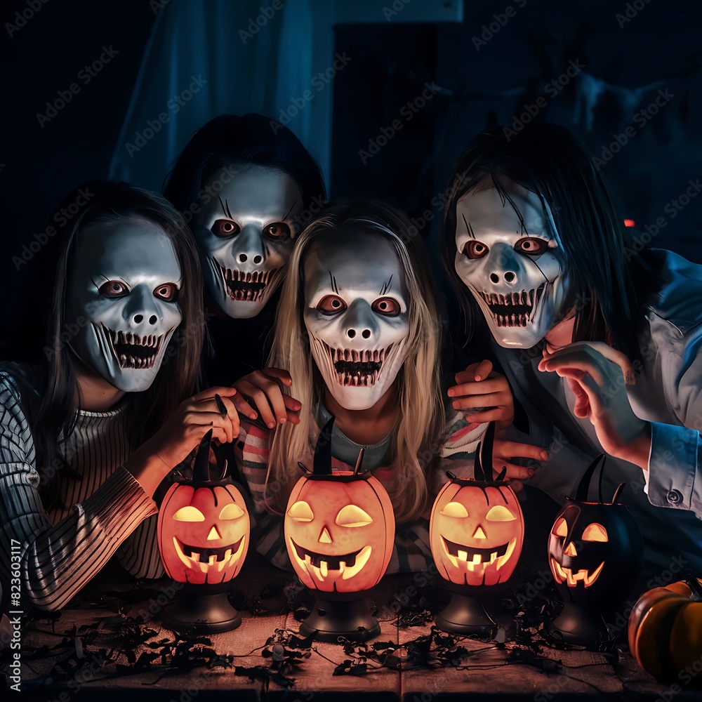 Group of young people in cruel face masks looking at camera while standing at table with Halloween lamps in light in dark room. Generative ai Group of young people in cruel face masks looking at camera while standing at table with Halloween lamps in light in dark room. Generative ai