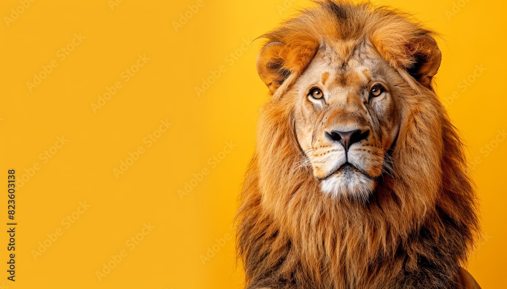 Dynamic lion head turn against yellow backdrop with dramatic lighting for art piece Dynamic lion head turn against yellow backdrop with dramatic lighting for art piece