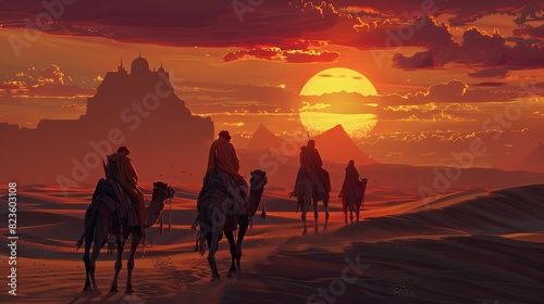 wise men on their camels through the dune-filled desert at sunset.