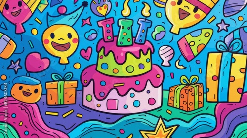 Joyful Doodle Birthday Party Celebration with Colorful Cake  Gifts  and Happy Guests in Party Hats
