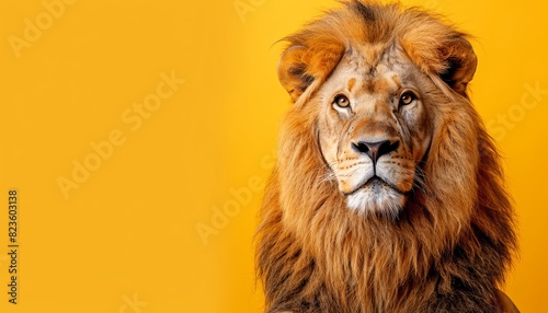 Dynamic lion head turn against yellow backdrop with dramatic lighting for art piece