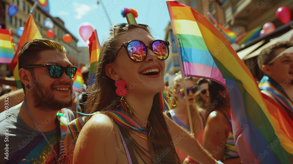 A group of people with rainbow umbrellas at a pride parade A group of people with rainbow umbrellas at a pride parade