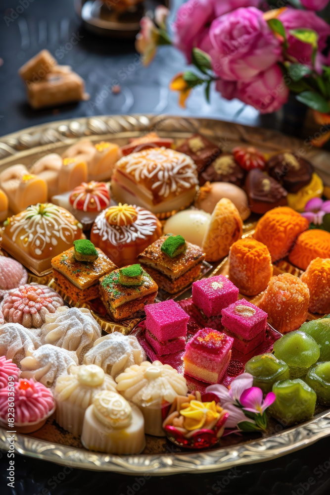 Close-Up of Traditional Eid Sweets, Eid feast, Islamic celebration, Family feast.