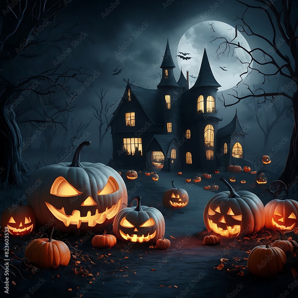 Halloween background with pumpkins and haunted house - 3D render. Halloween background with Evil Pumpkin. Spooky scary dark Night forrest. Holiday event halloween banner background concept. Generative Halloween background with pumpkins and haunted house - 3D render. Halloween background with Evil Pumpkin. Spooky scary dark Night forrest. Holiday event halloween banner background concept. Generative