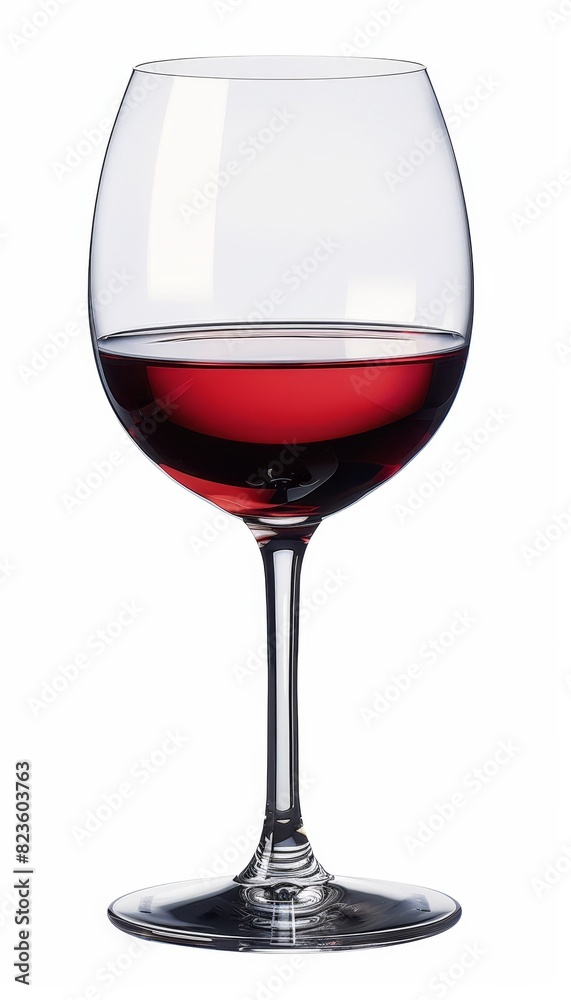 Single glass of rich red wine elegantly displayed on a pristine white background