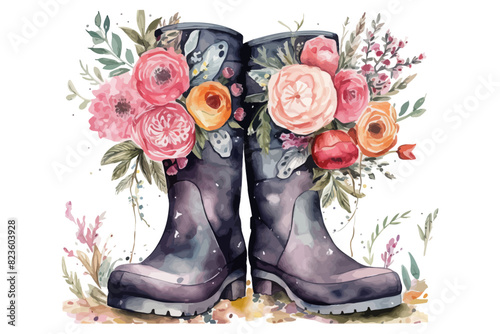 Watercolor rain boots. Rubber boots with floral bouquet.