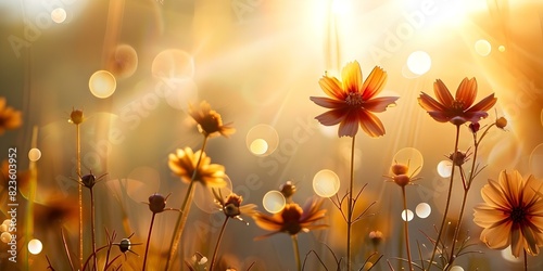 Summer Sunbeams Illuminate a Vibrant Wildflower Meadow with Bokeh Lights. Concept Nature Photography, Wildflowers, Summer Sunbeams, Bokeh Lights, Vibrant Meadow photo
