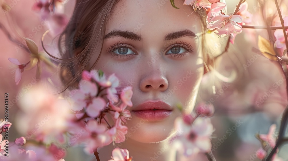 a woman with blue eyes and pink flowers