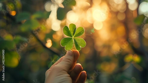 a person holding a four leaf clover in their hand with a blurry background photo