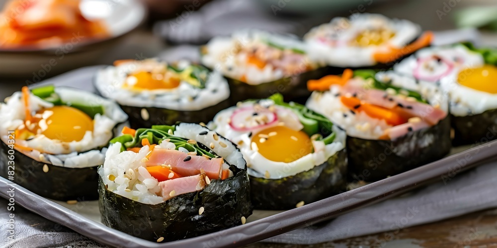 Korean gimbap rice rolls with vegetables egg ham pickled radish and kimchi. Concept Korean Cuisine, Gimbap Rice Rolls, Vegetables, Egg, Ham, Pickled Radish, Kimchi