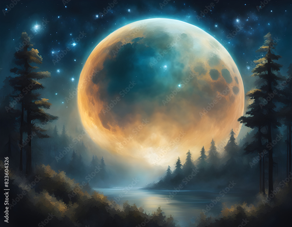 Fantastic oil painting beautiful big planet moon among stars in universe.-2 Fantastic oil painting beautiful big planet moon among stars in universe.-2