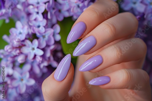 Hand Model With Long Nails Painted With A Lilac Nail Polish Lilac Flowers In The Background Nail Salon