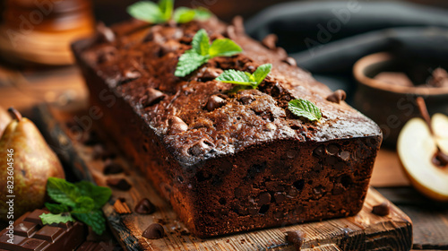 Tasty chocolate pear bread against blurred background