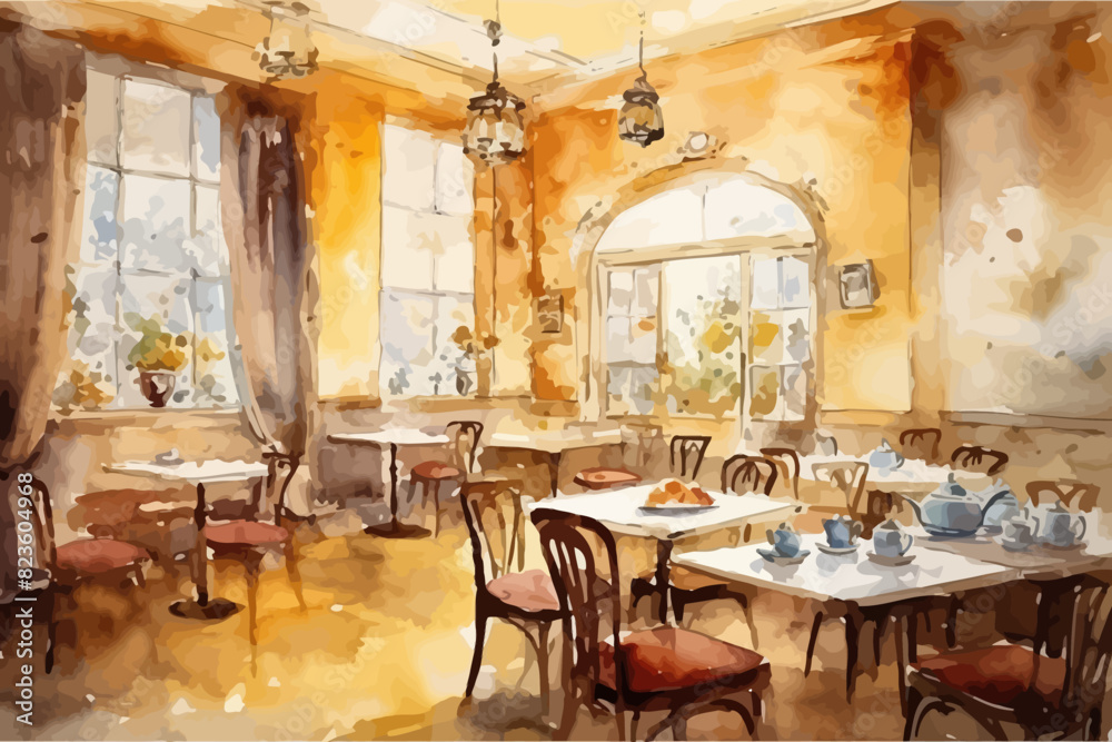 Watercolor illustration of cafe interior. Hand drawn illustration.