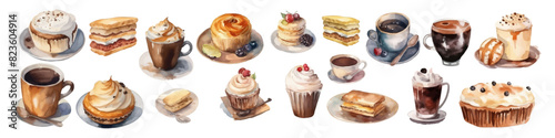 Watercolor vector dessert. Sweet cakes slices pieces. Coffee and tea.