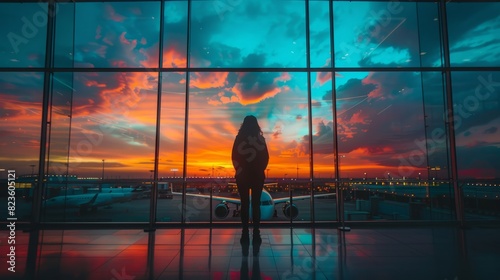 Wallpaper Mural Person admiring a stunning sunset through large airport windows Torontodigital.ca