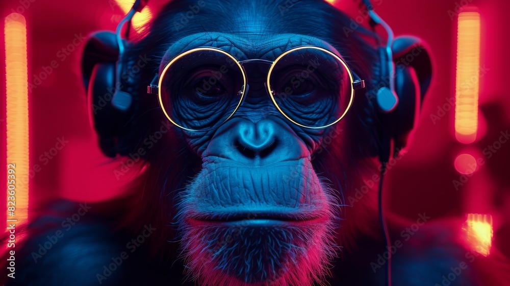 A chimpanzee with a thoughtful expression, wearing headphones and circular glasses, illuminated by red neon lights, creating a futuristic vibe. A chimpanzee with a thoughtful expression, wearing headphones and circular glasses, illuminated by red neon lights, creating a futuristic vibe.