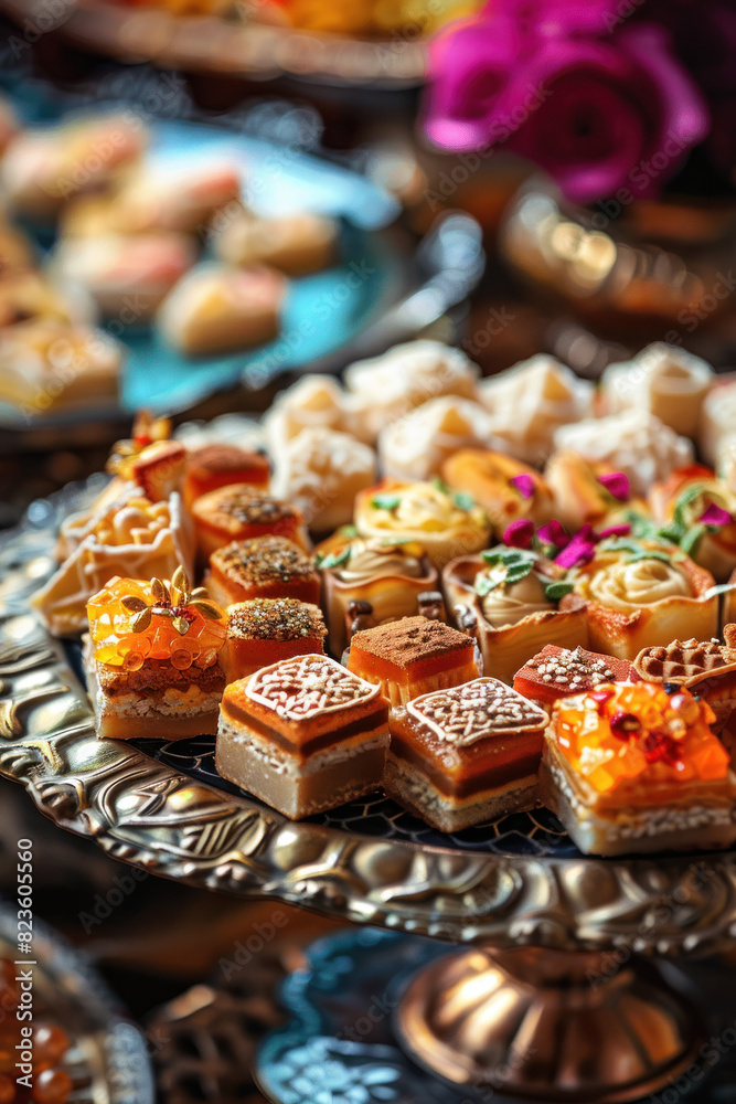 Traditional Eid Sweets with Decorative Elements, Eid feast, Islamic celebration, Family feast. Traditional Eid Sweets with Decorative Elements, Eid feast, Islamic celebration, Family feast.