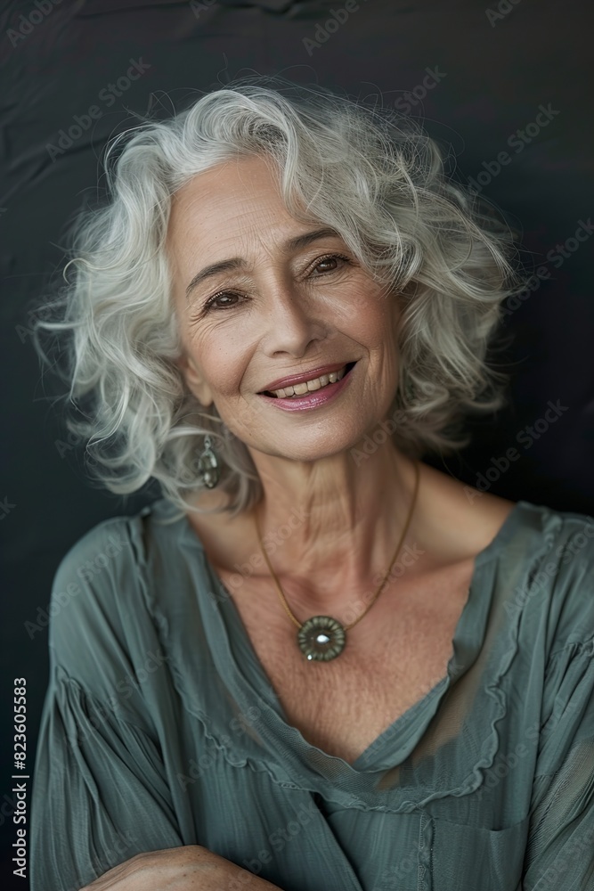 Portrait of a beautiful smiling senior woman over dark Portrait of a beautiful smiling senior woman over dark