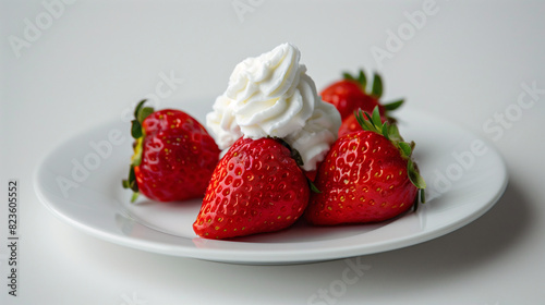Fresh Strawberries with Whipped Cream on a Plate