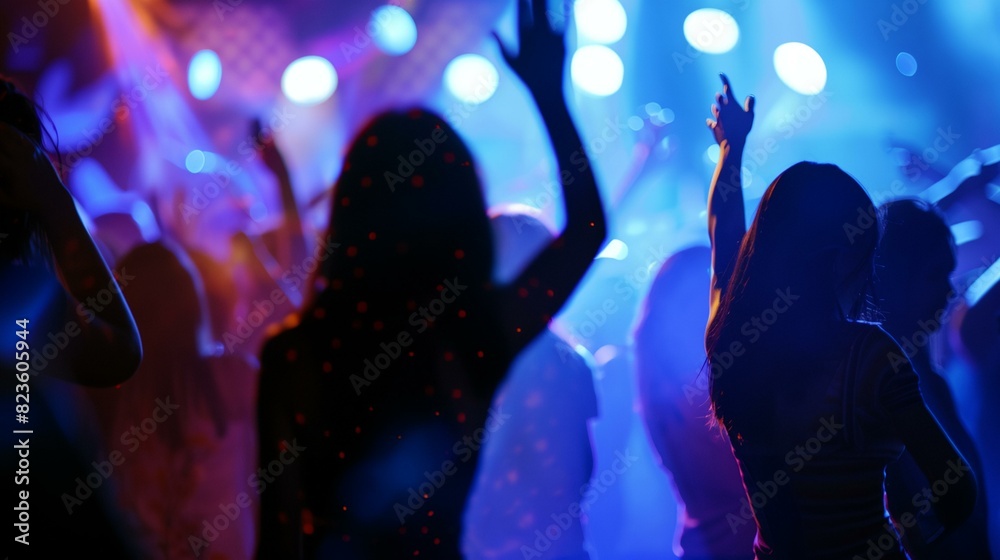 a group of people standing in front of a stage with their hands up in the air and lights on..