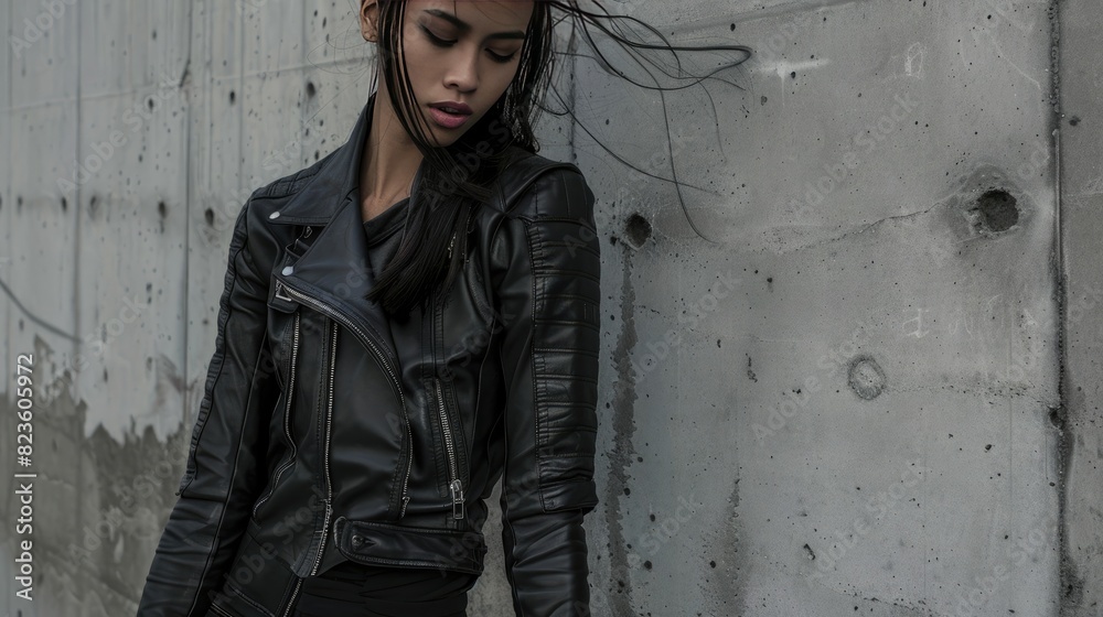 A stylish leather jacket, featuring a unique, eye-catching design that adds a touch of edge to any outfit.