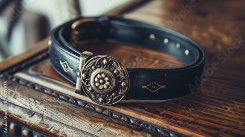 A stylish, leather belt with a statement buckle, adding a touch of glamour to any look. photo