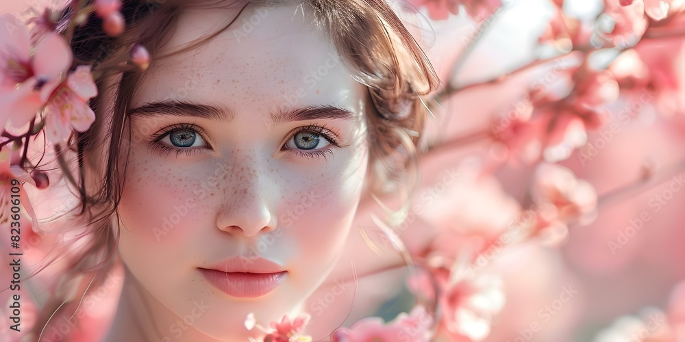 beautiful woman in flowers in the pink smoke of spring centered copy space selective focus. Concept Spring Photoshoot, Portrait Photography, Floral Beauty, Pink Smoke Effect, Copy Space