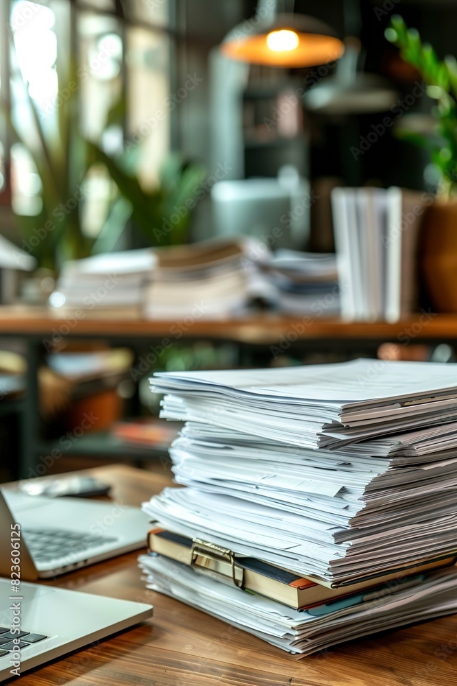 Piles of paperwork in the office and laptop on the desk