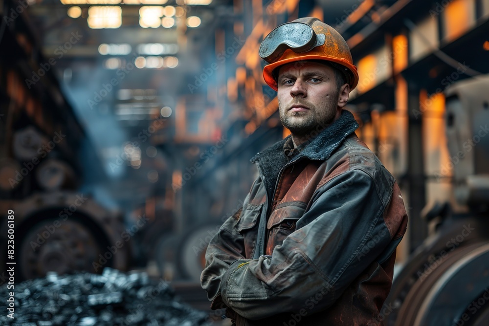 Portrait confident worker in steel factory Portrait confident worker in steel factory