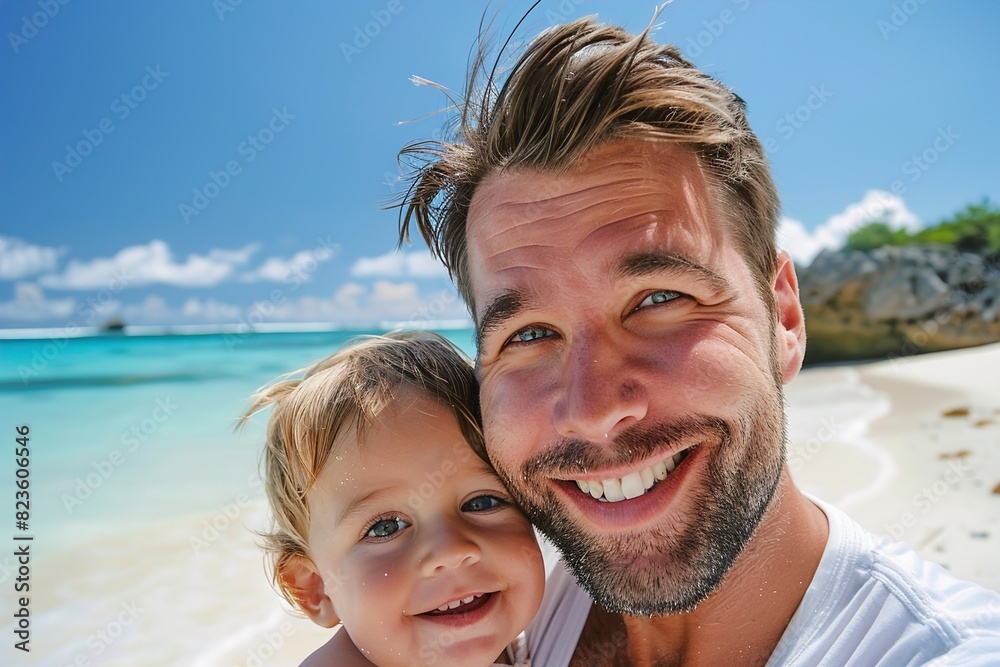 Portrait of a happy father with his little son on vacation Portrait of a happy father with his little son on vacation