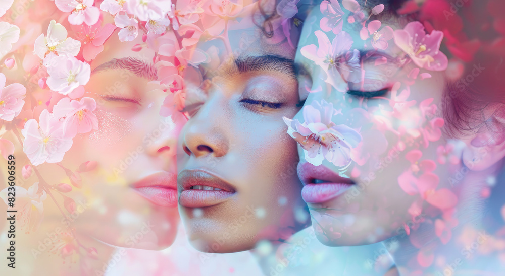 An ethereal double exposure artwork featuring three stunning multiethnic women with closed eyes, their faces adorned in delicate pastel colored floral designs.