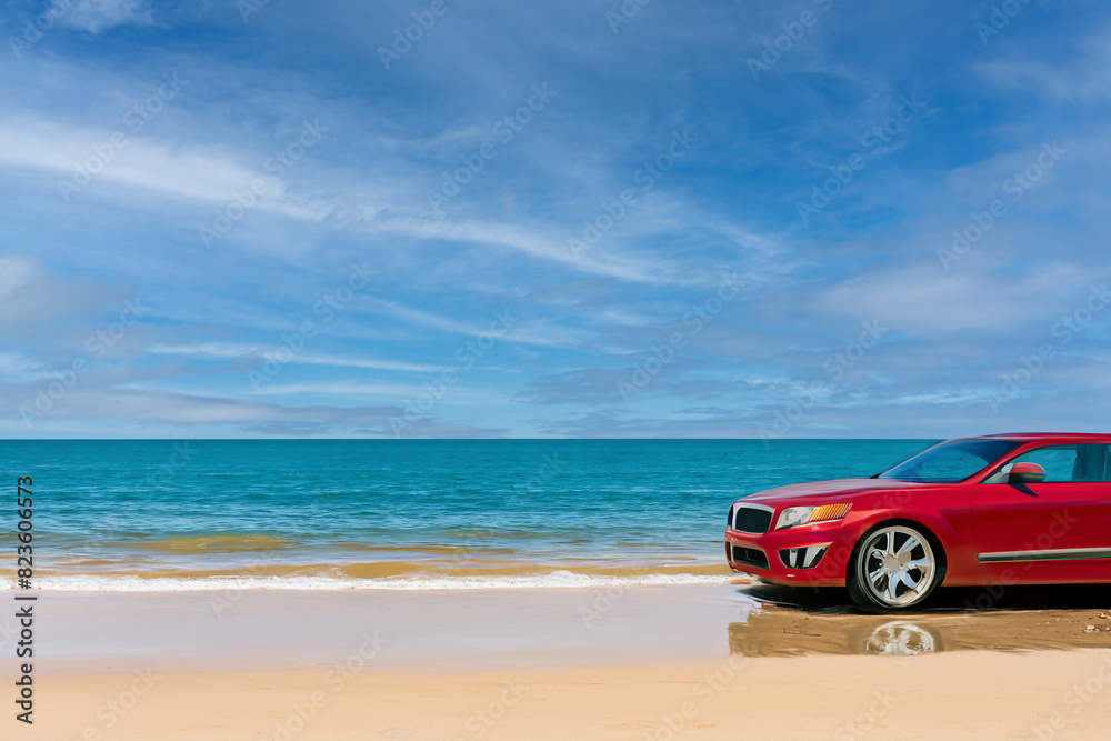 Ein rotes Auto fährt bei blauem Himmel am Meer am Strand entlang, copy space