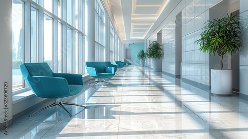 A bright and modern office lobby featuring comfortable seating and an abundance of natural light