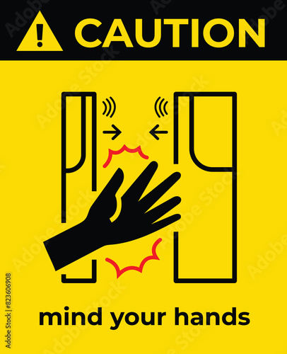 Caution mind your hand public train transportation poster sign banner illustration isolated on vertical yellow and black background. Simple flat cartoon art styled drawing for poster prints.