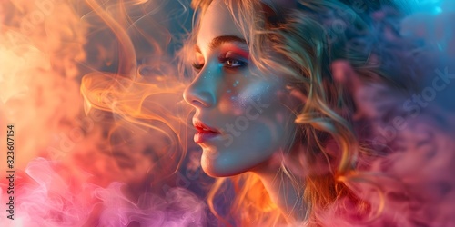 Vibrant Smoke Surrounds Young Woman, Creating Abstract Fashion Statement. Concept Fashion Photography, Abstract Art, Vibrant Smoke, Young Model, Creative Styling