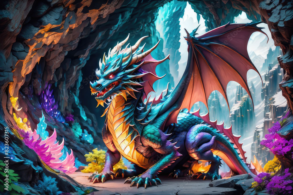 Generative AI, Fantasy dragon nestled within a hidden cave in stunning mountains. The dragon, with its shimmering scales and fiery eyes, adds a mystical aura to the already captivating landscape. Generative AI, Fantasy dragon nestled within a hidden cave in stunning mountains. The dragon, with its shimmering scales and fiery eyes, adds a mystical aura to the already captivating landscape.