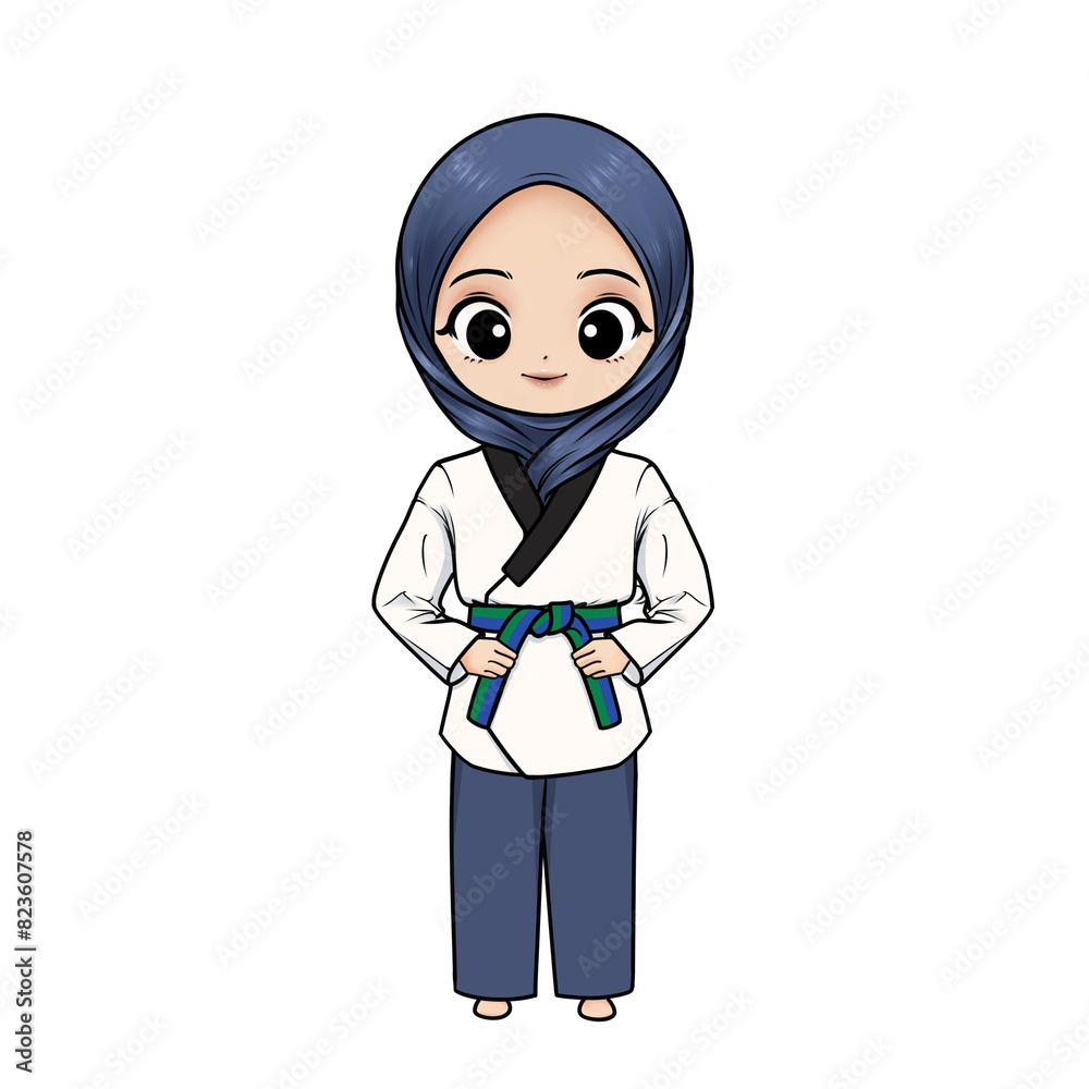 illustration of a taekwondo girl wearing a uniform and hijab with green blue belt on a transparent background illustration of a taekwondo girl wearing a uniform and hijab with green blue belt on a transparent background