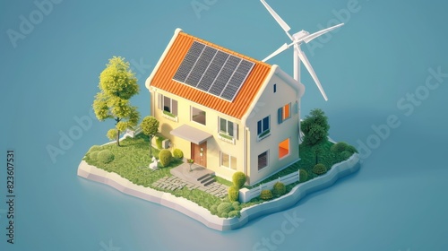 A 3D rendering of a house with solar panels on the roof and a wind turbine in the yard. The house is surrounded by trees and grass. The sky is blue and the sun is shining.