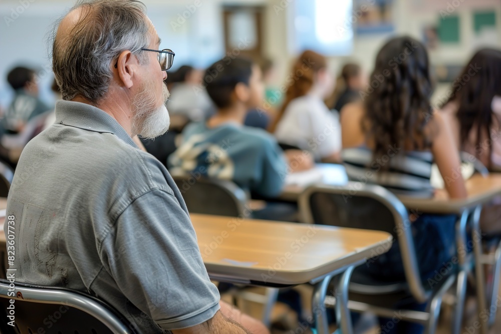 Professor watching college students taking test in class Professor watching college students taking test in class