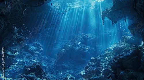 Underwater Sea Deep Abyss With Blue and bright lighting