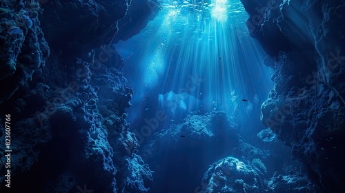Underwater Sea Deep Abyss With Blue and bright lighting photo