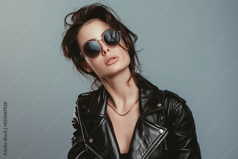 Portrait of a stylish fashion female model in leather coat Portrait of a stylish fashion female model in leather coat
