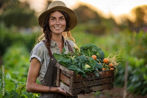 Portrait of beautiful female gardener carrying crate